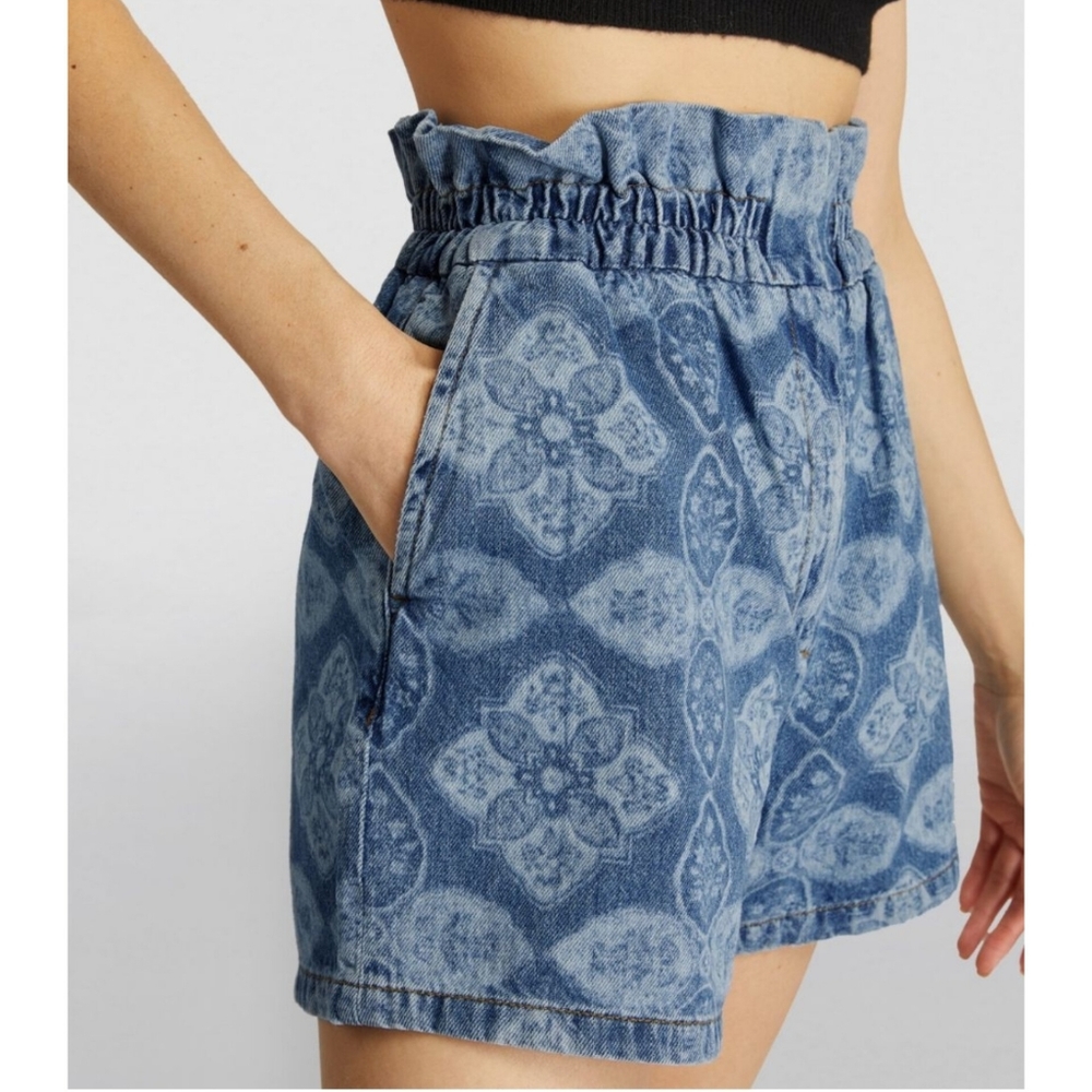 CLAUDIE PIERLOT Printed Paperbag Waist Blue Denim Shorts Sz M French